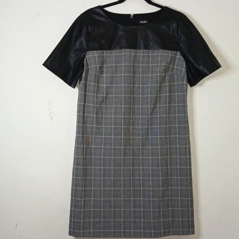 DKNY Women's Faux Black Leather Top Plaid Midi Dress Crew Neckline | Size: 12